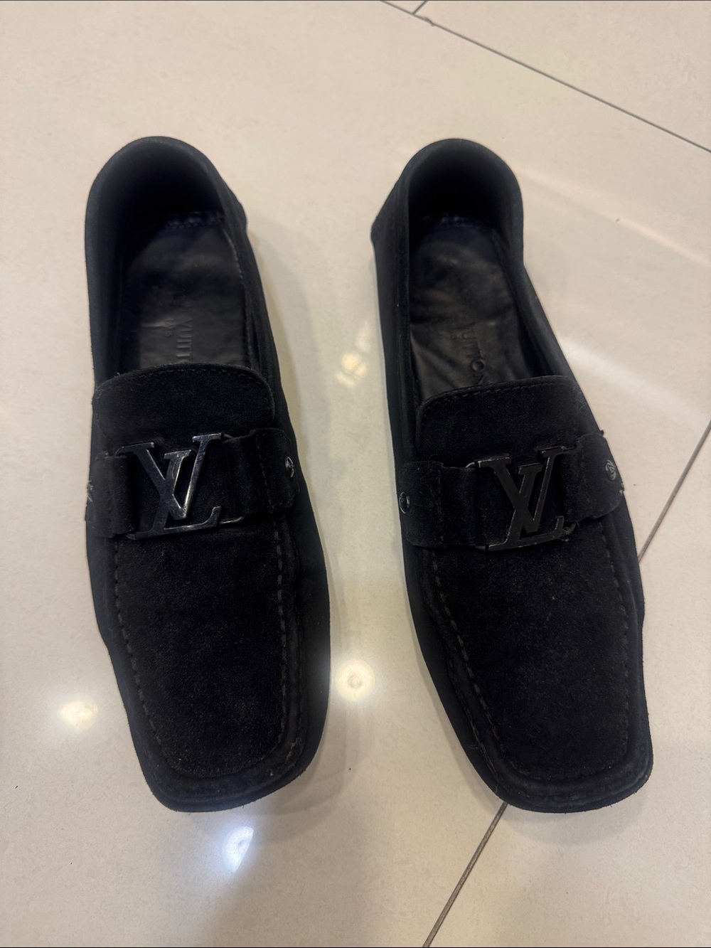 Louis Vuitton Black Suede LV Buckle Driving Loafers